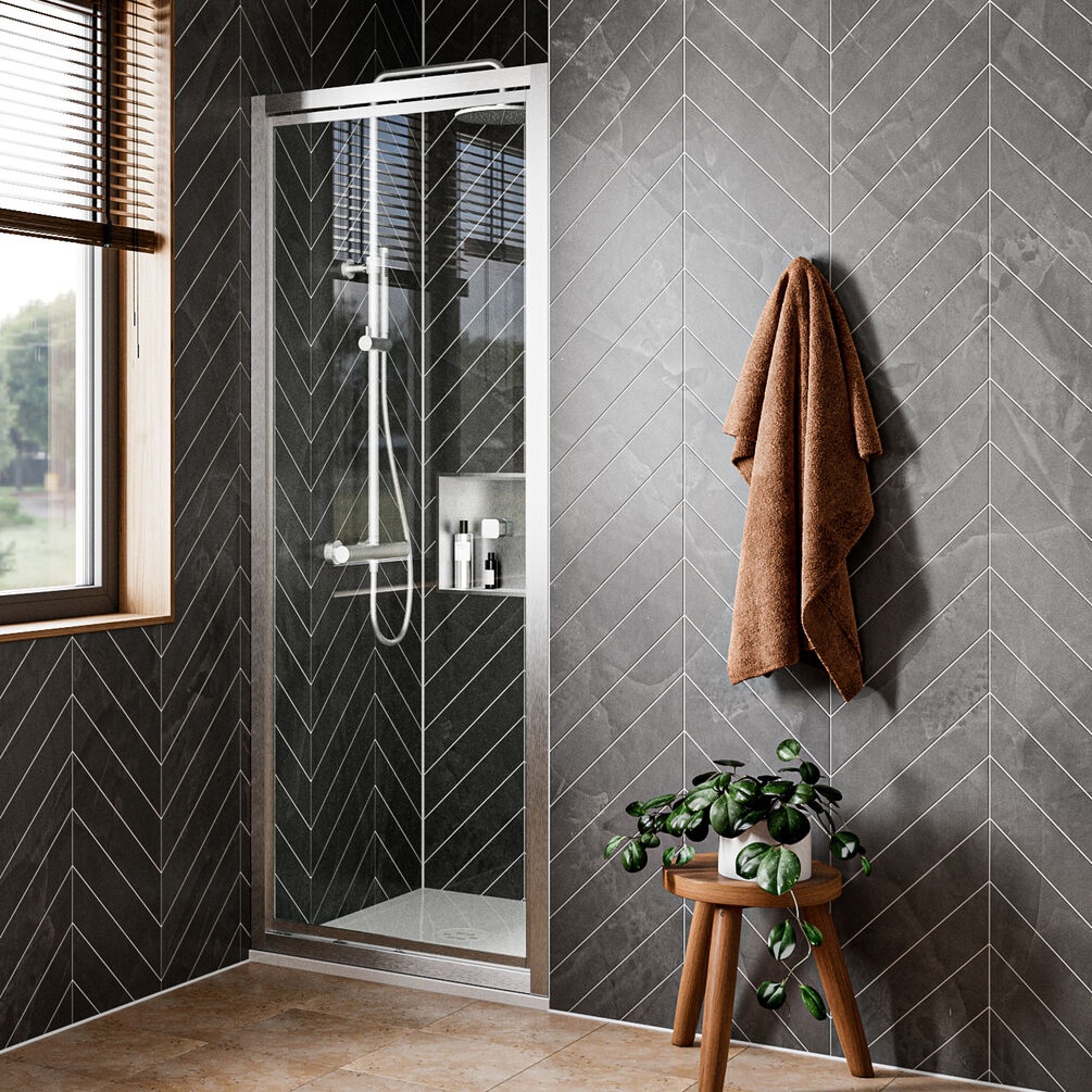 Lifestyle image of Crosswater Clear 6 Brushed Stainless Steel 900mm Infold Shower Door